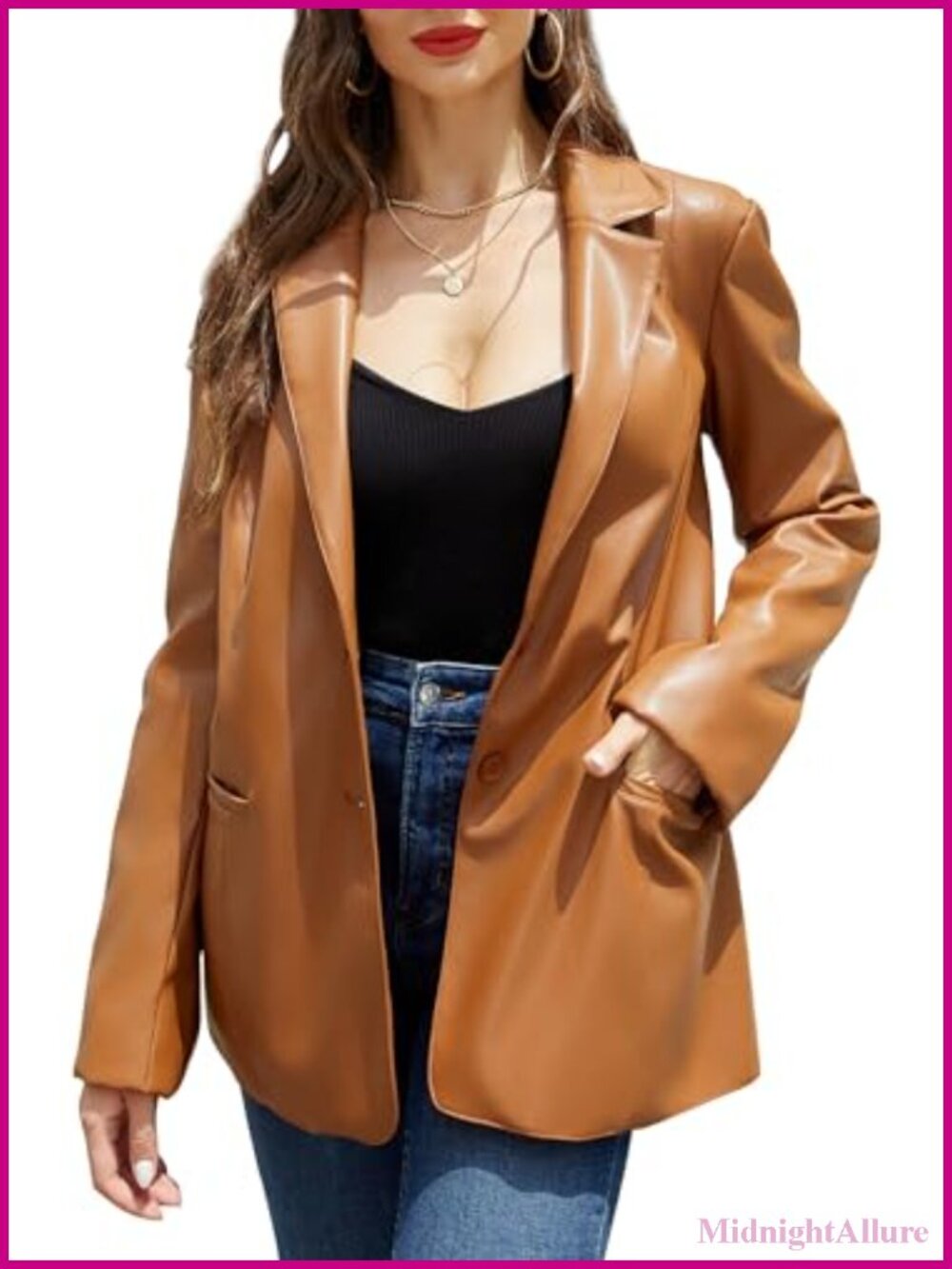 Women Faux Leather Blazer Jacket Vegan PU Coat 2-Button Notched Lapel Long